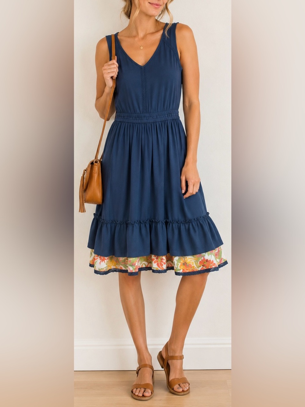 Matilda Jane XS Navy Sleeveless Ruffle Hem Dress Floral Trim V Neck